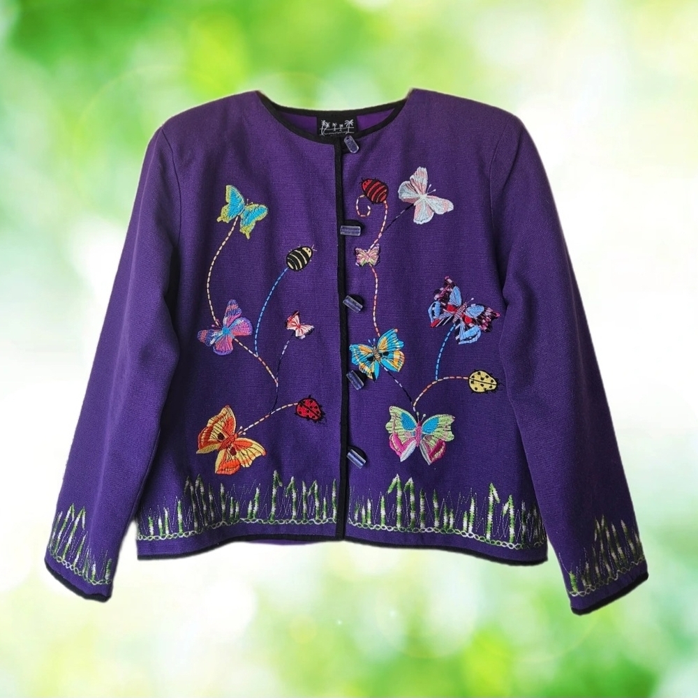 Puffin Island Sportswear Purple Butterfly & Ladybugs Embroidered Jacket - L